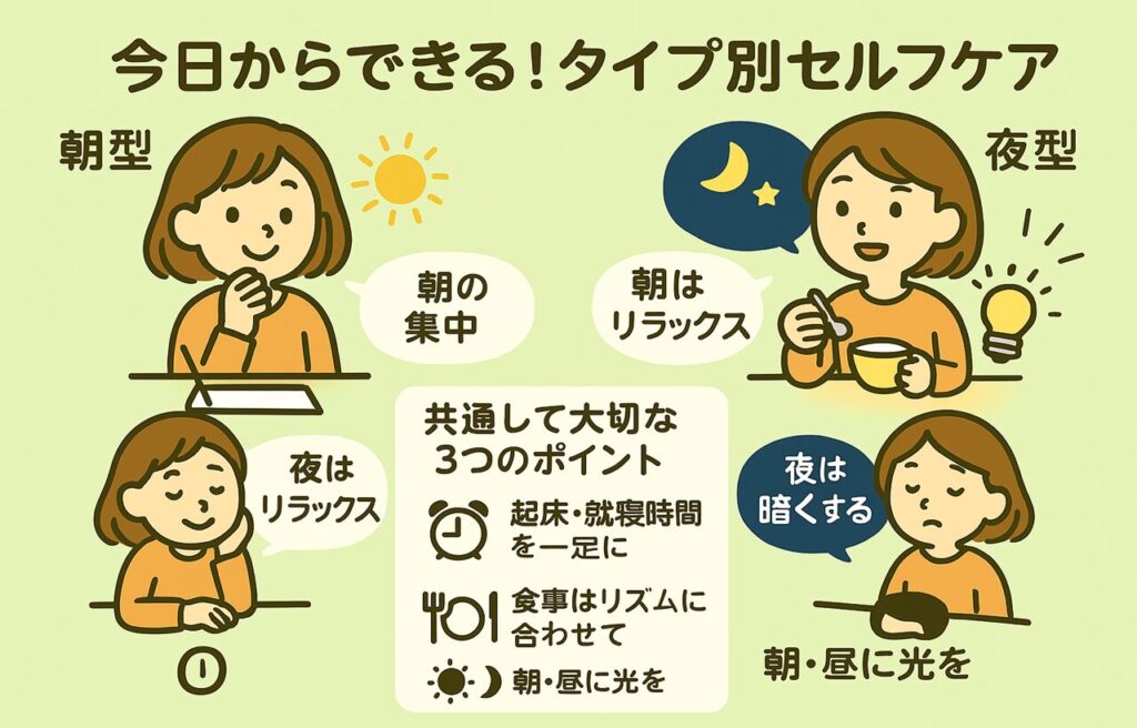 今日からできる！タイプ別セルフケア」というタイトルの図解。左側には朝型タイプのすずちゃんが「朝の集中」「夜はリラックス」と過ごす様子、右側には夜型のすずちゃんが「朝はリラックス」「夜は暗くする」といった工夫をしている様子が描かれている。中央下には「共通して大切な3つのポイント」として「起床・就寝時間を一定に」「食事はリズムに合わせて」「朝・昼に光を浴びる」の3点がイラスト付きで示されている。